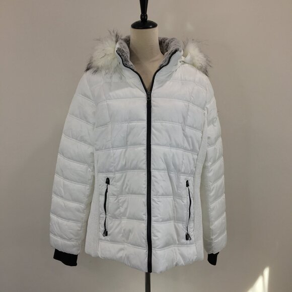 NAUTICA White Black Trim Zip Pockets Removable Fur Hood Puffer Jacket - Picture 4 of 13